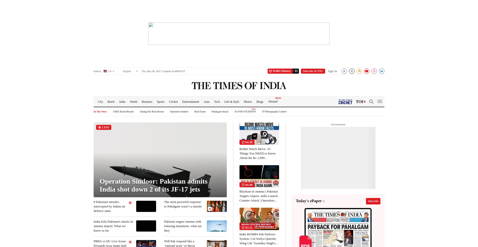 Website screenshot of Thetimesofindia.com