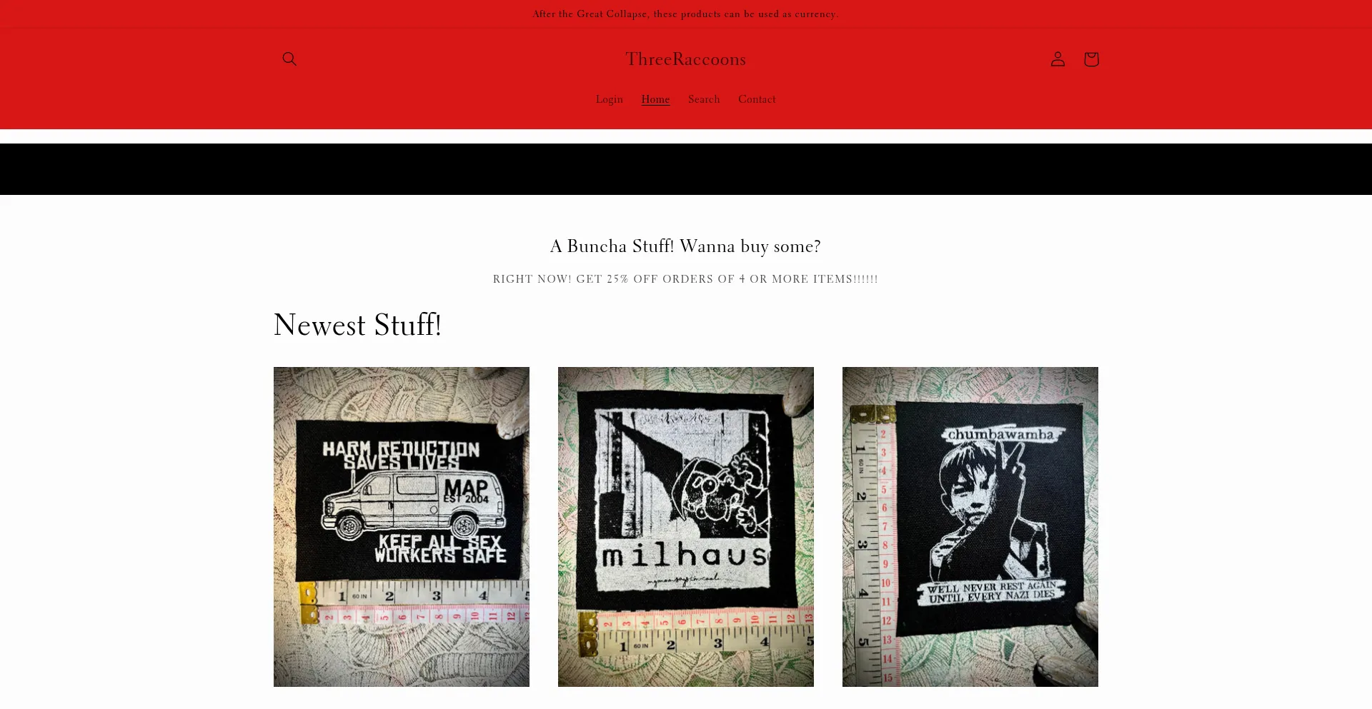 Website screenshot of Threeraccoons.store