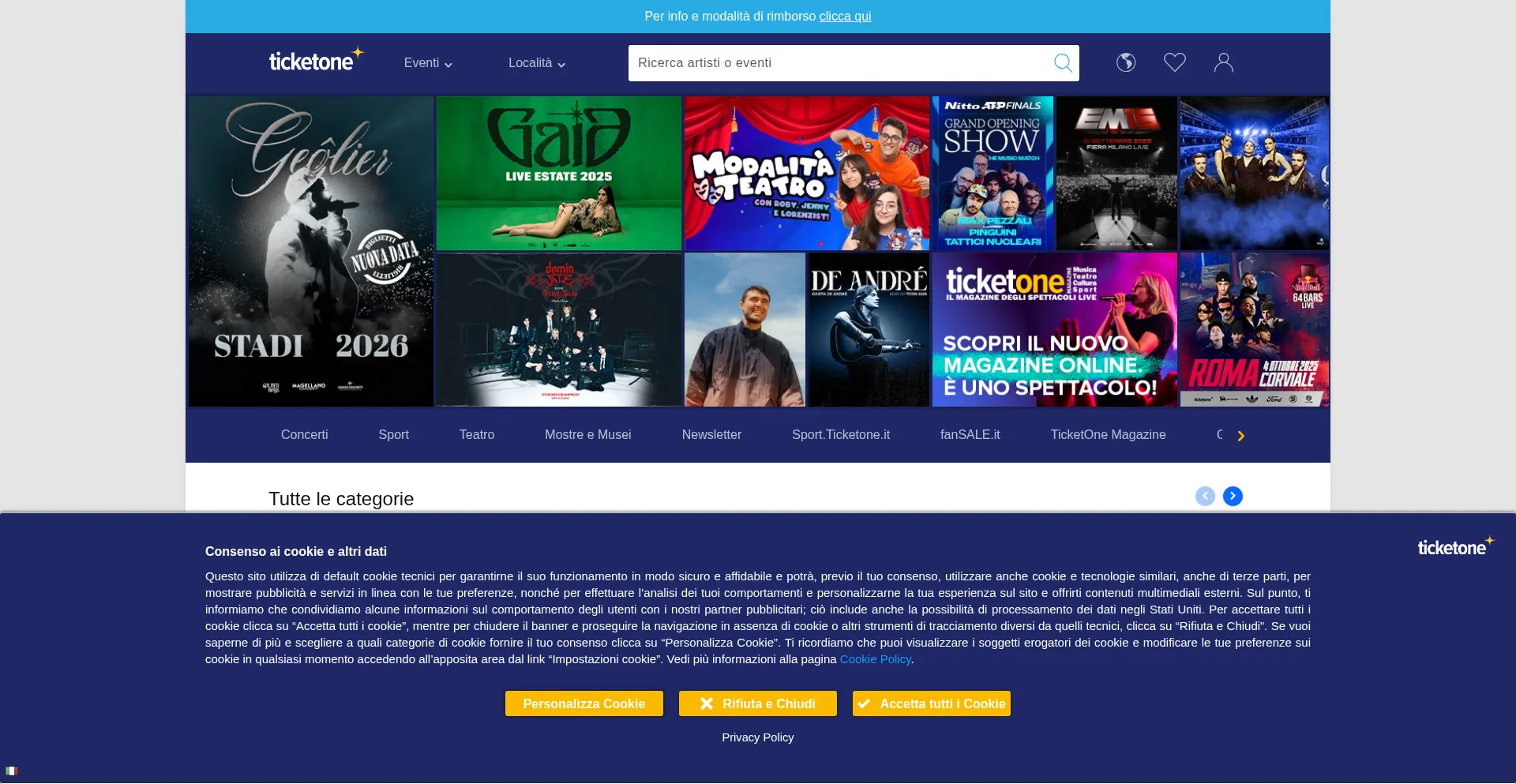 Website screenshot of Ticketone.com