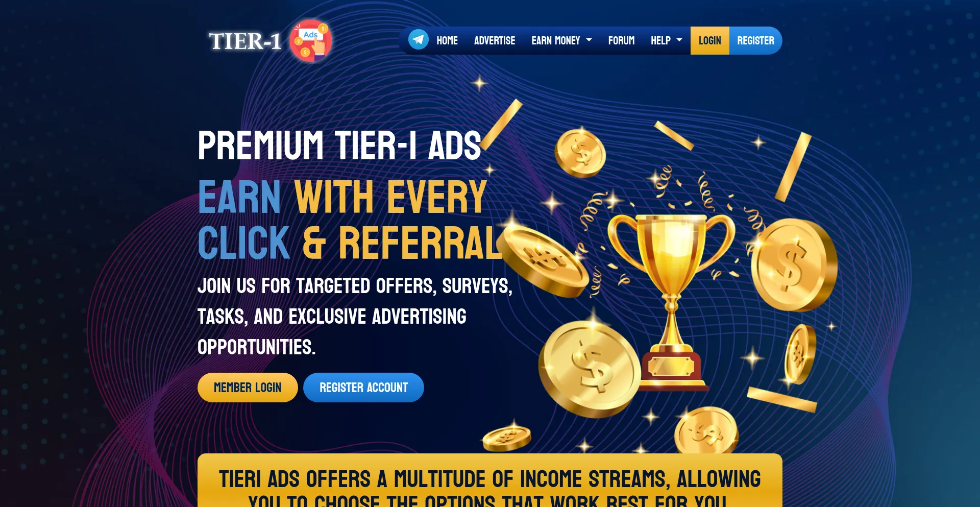 Website screenshot of Tier1ads.com