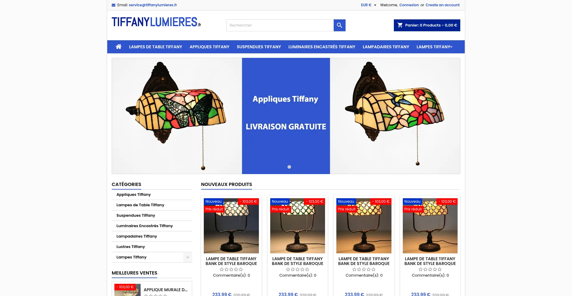 Website screenshot of Tiffanylumieres.fr