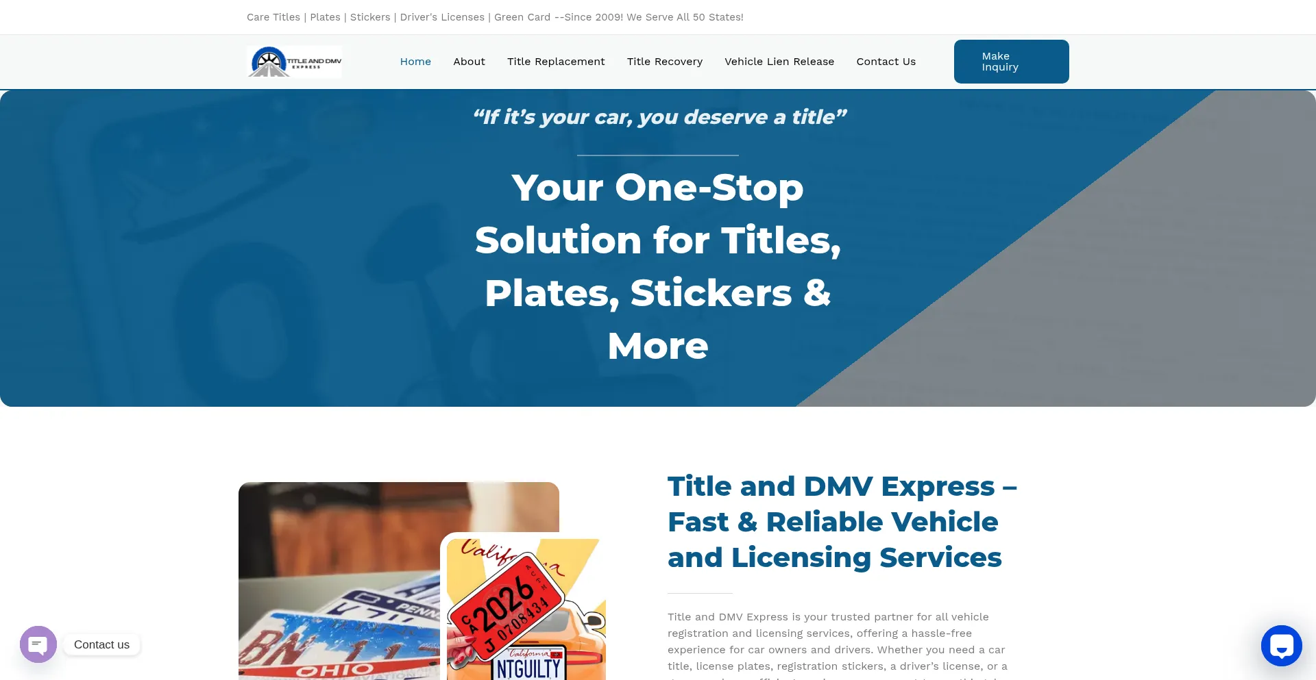 Website screenshot of Titleanddmvexpress.com