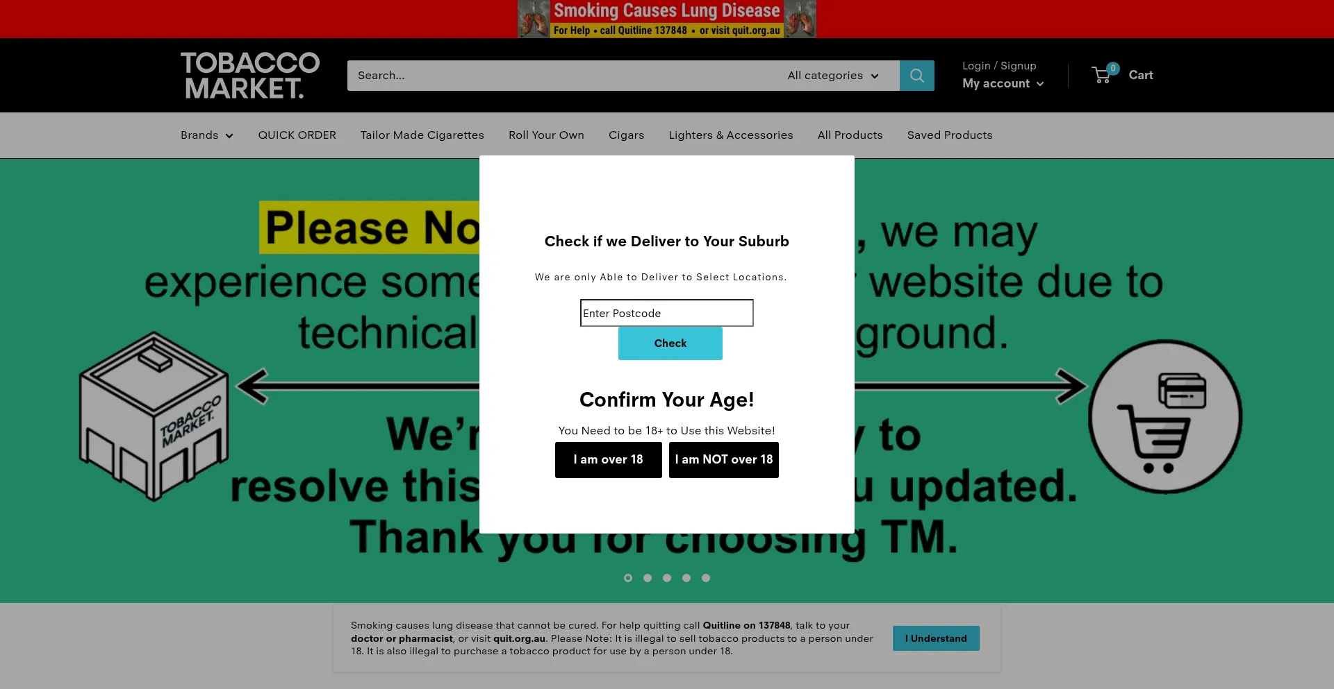 Website screenshot of Tobaccomarket.com.au