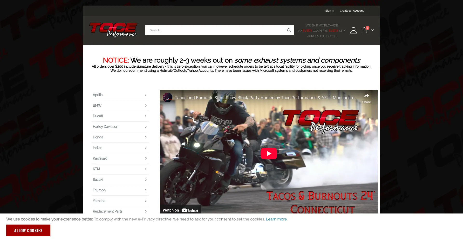 Website screenshot of Toceperformance.com