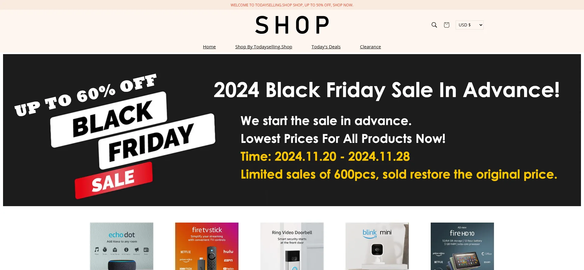 Website screenshot of Todayselling.shop
