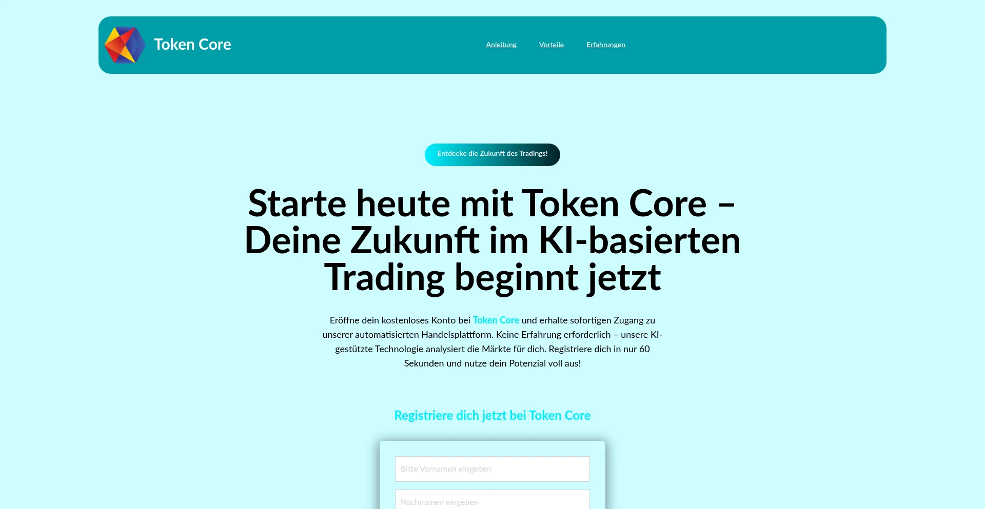 Website screenshot of Tokencore.ch