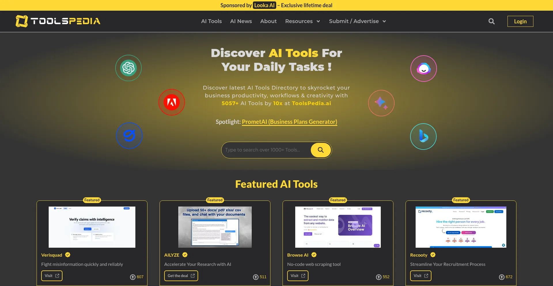 Website screenshot of Toolspedia.ai