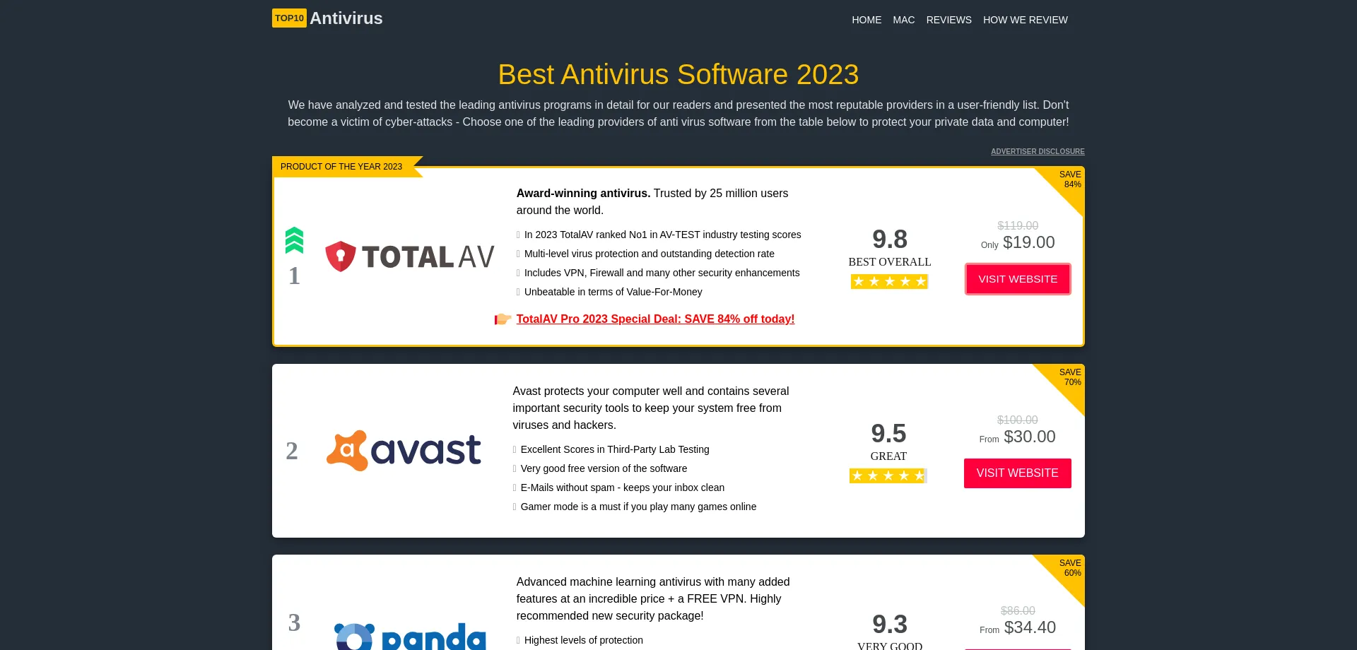 Website screenshot of Top10antivirus.review