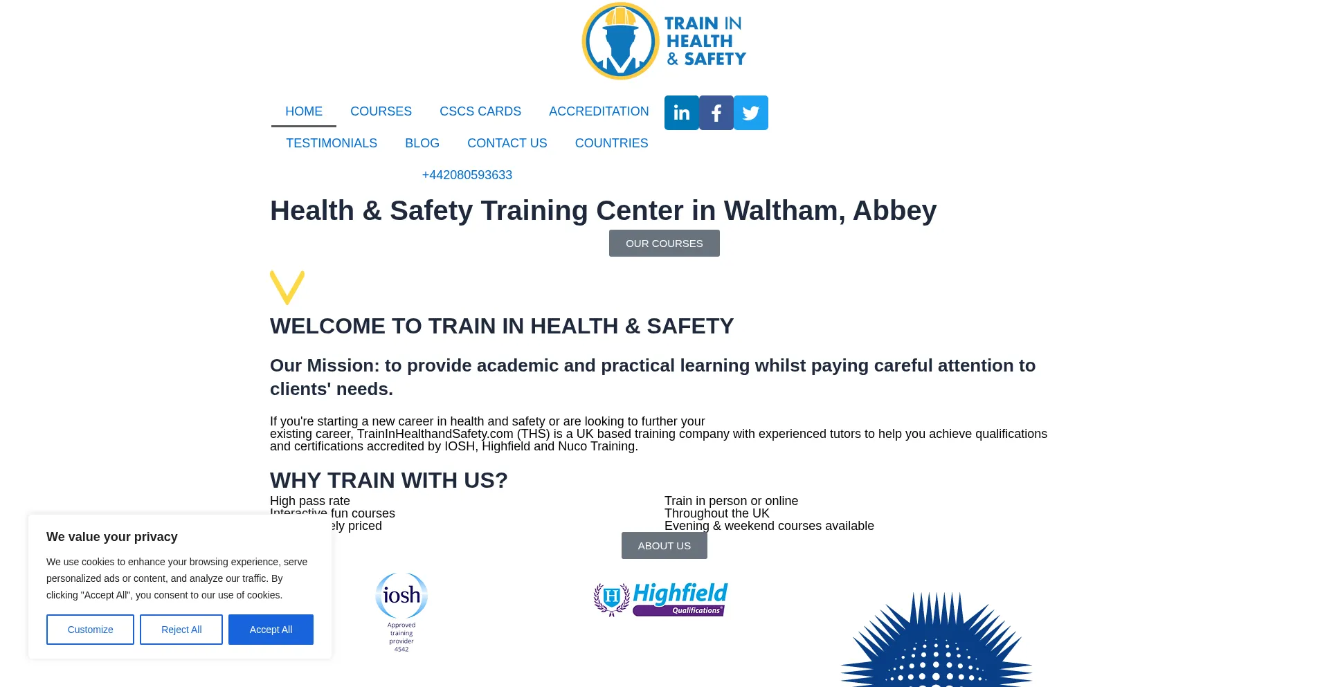 Website screenshot of Traininhealthandsafety.com