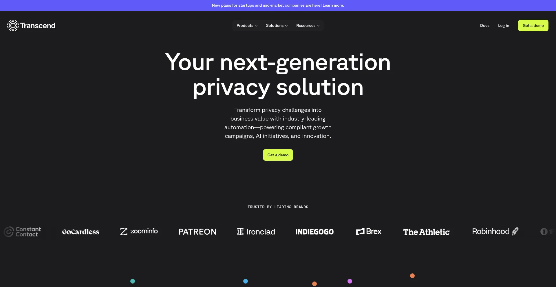 Website screenshot of Transcend.io