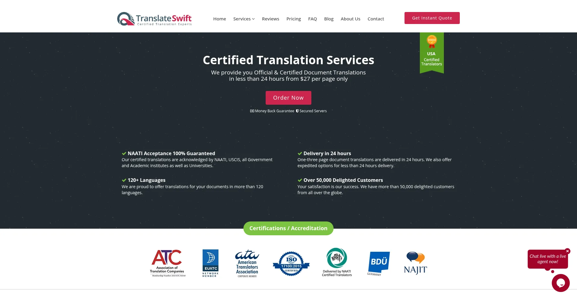 Website screenshot of Translateswift.com
