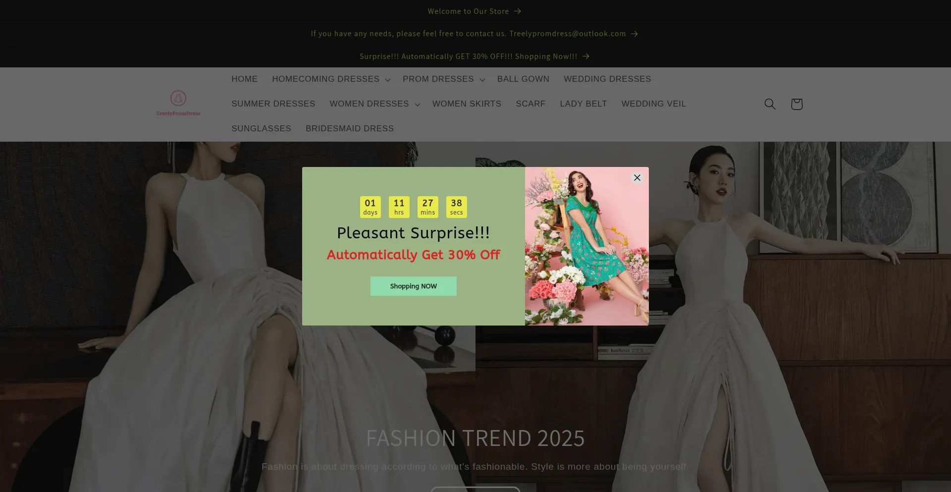 Website screenshot of Treelypromdress.com