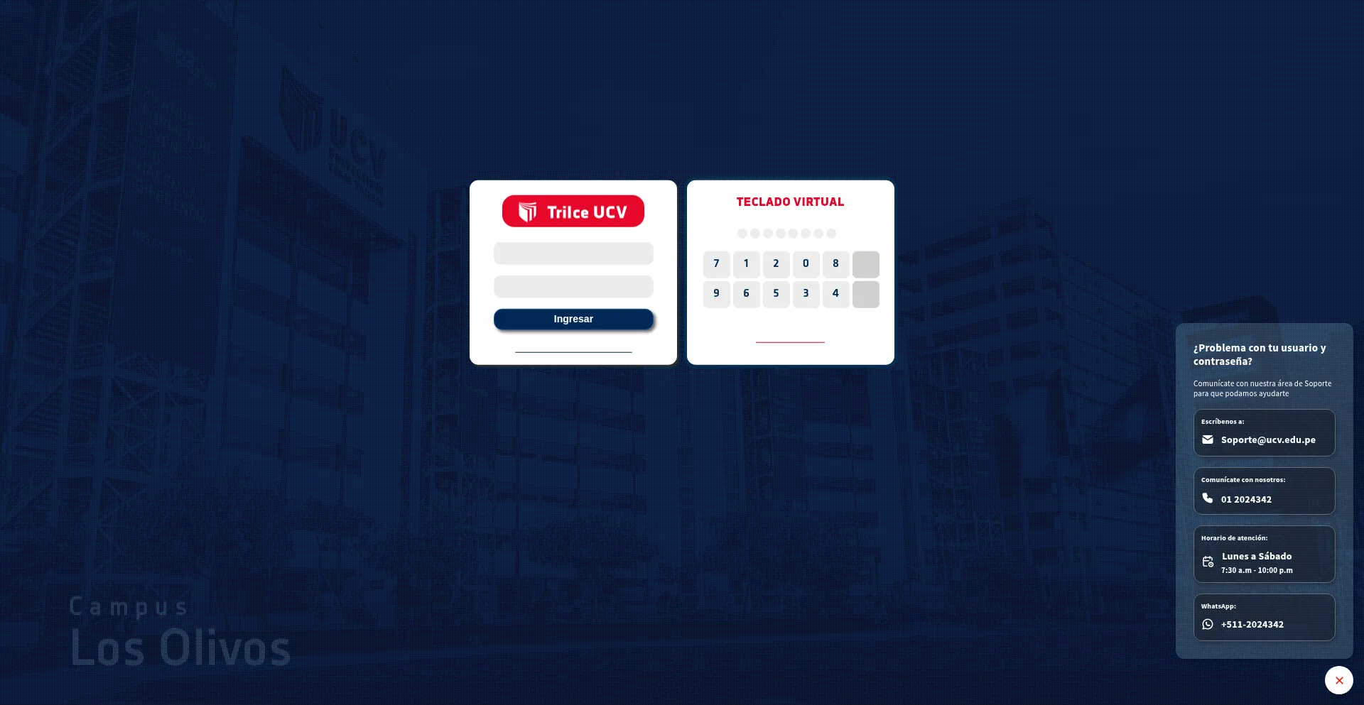 Website screenshot of Trilce.ucv.edu.pe