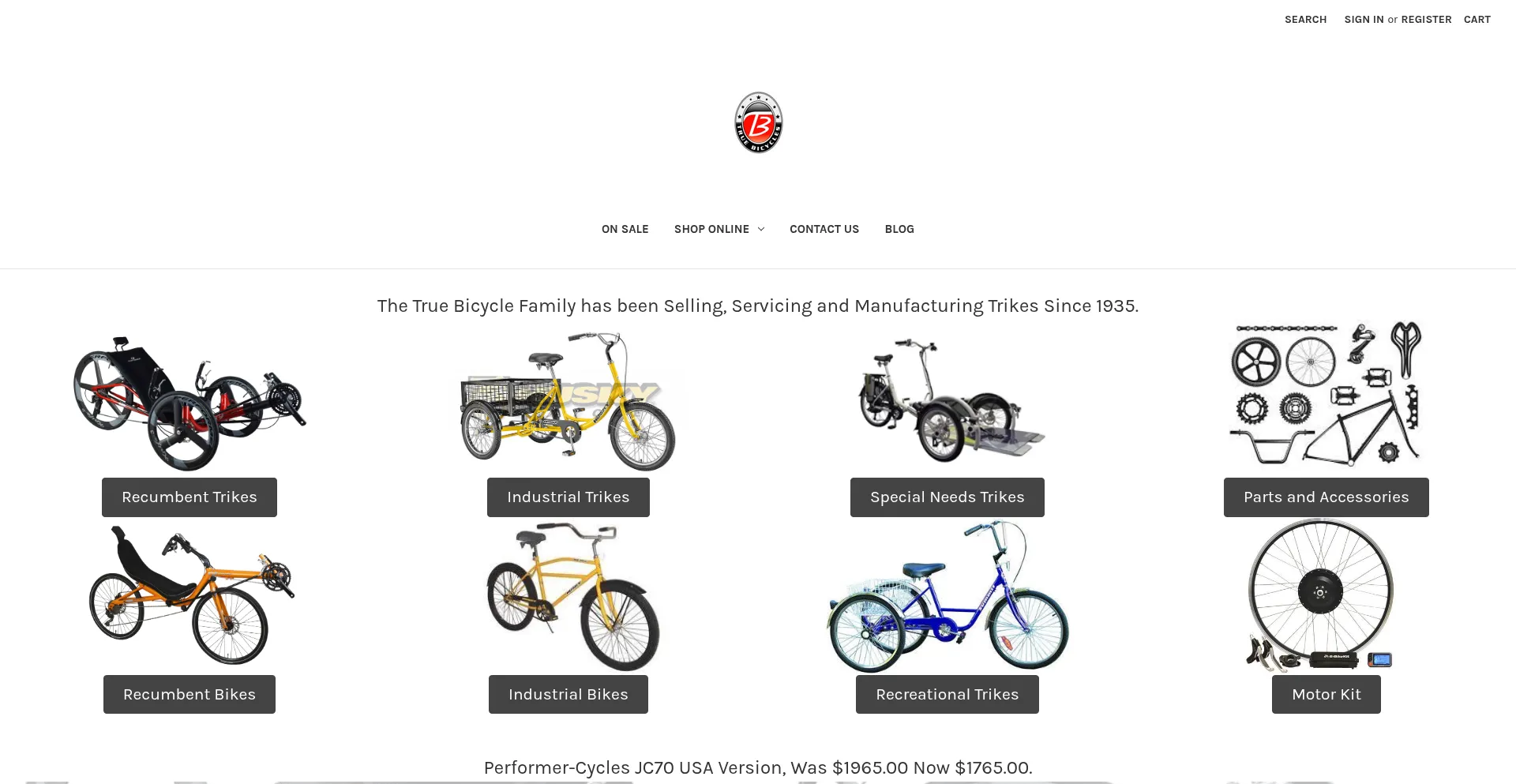 Website screenshot of Truebicycles.com