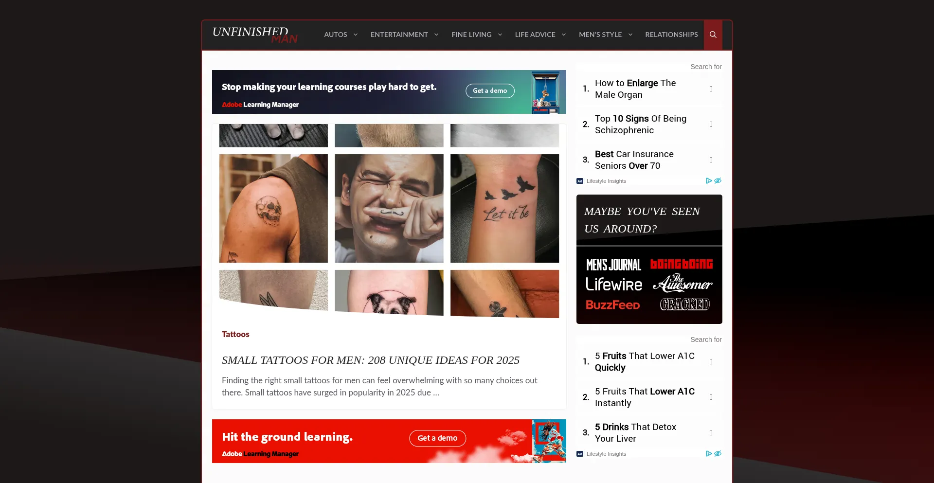 Website screenshot of Unfinishedman.com