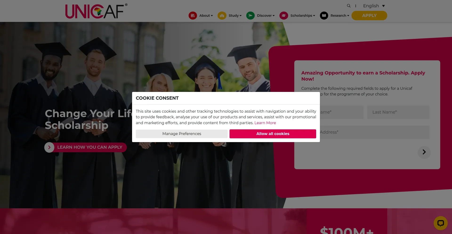 Website screenshot of Unicaf.org