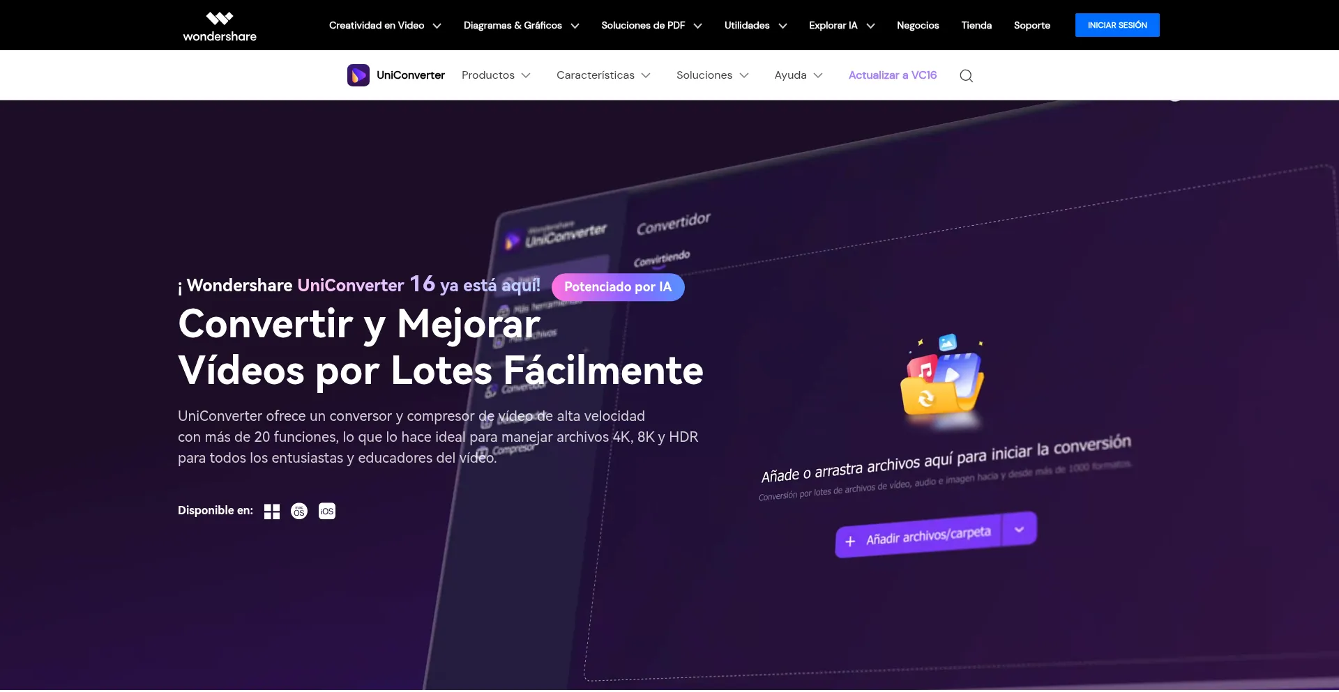 Website screenshot of Uniconverter.wondershare.es