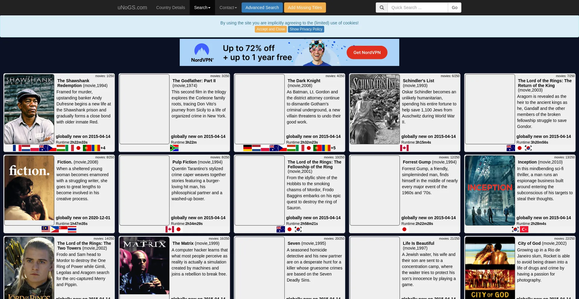 Website screenshot of Unogs.com