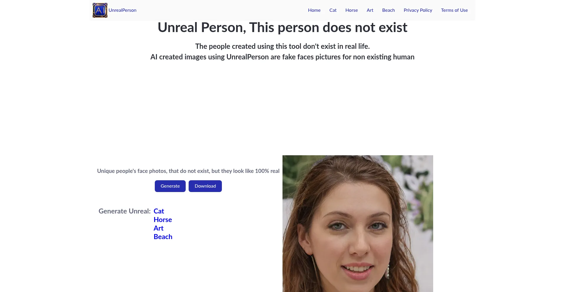 Website screenshot of Unrealperson.com