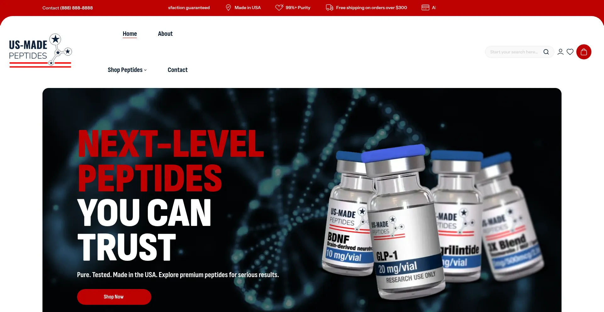 Website screenshot of Us-madepeptides.com