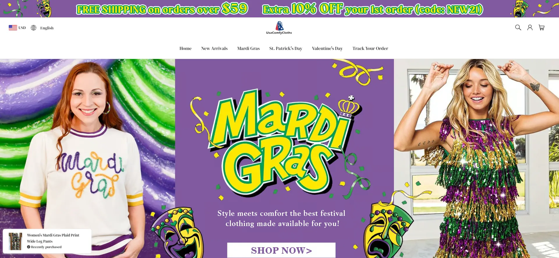 Website screenshot of Usacomfycloths.com
