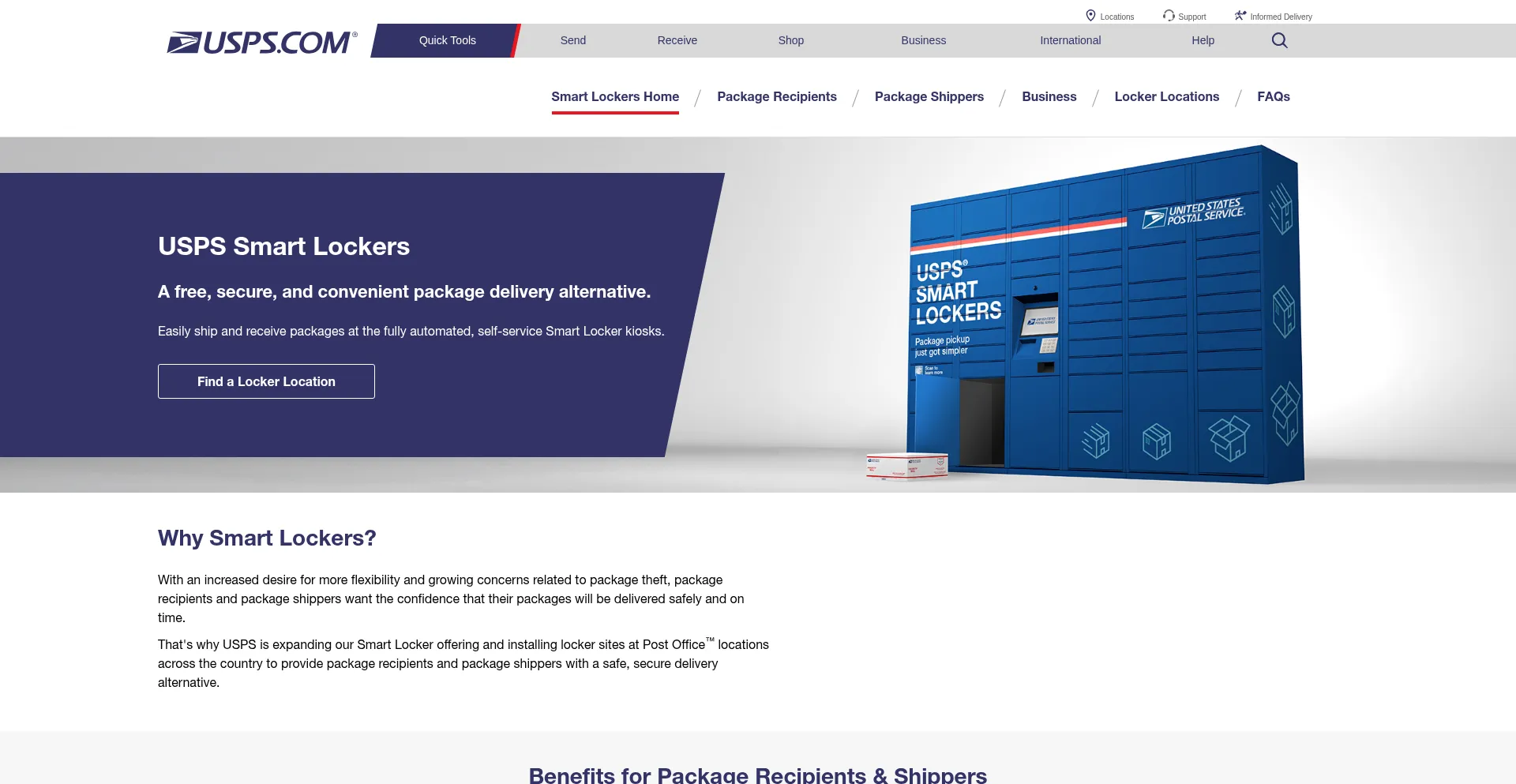 Website screenshot of Uspssmartpackagelockers.com