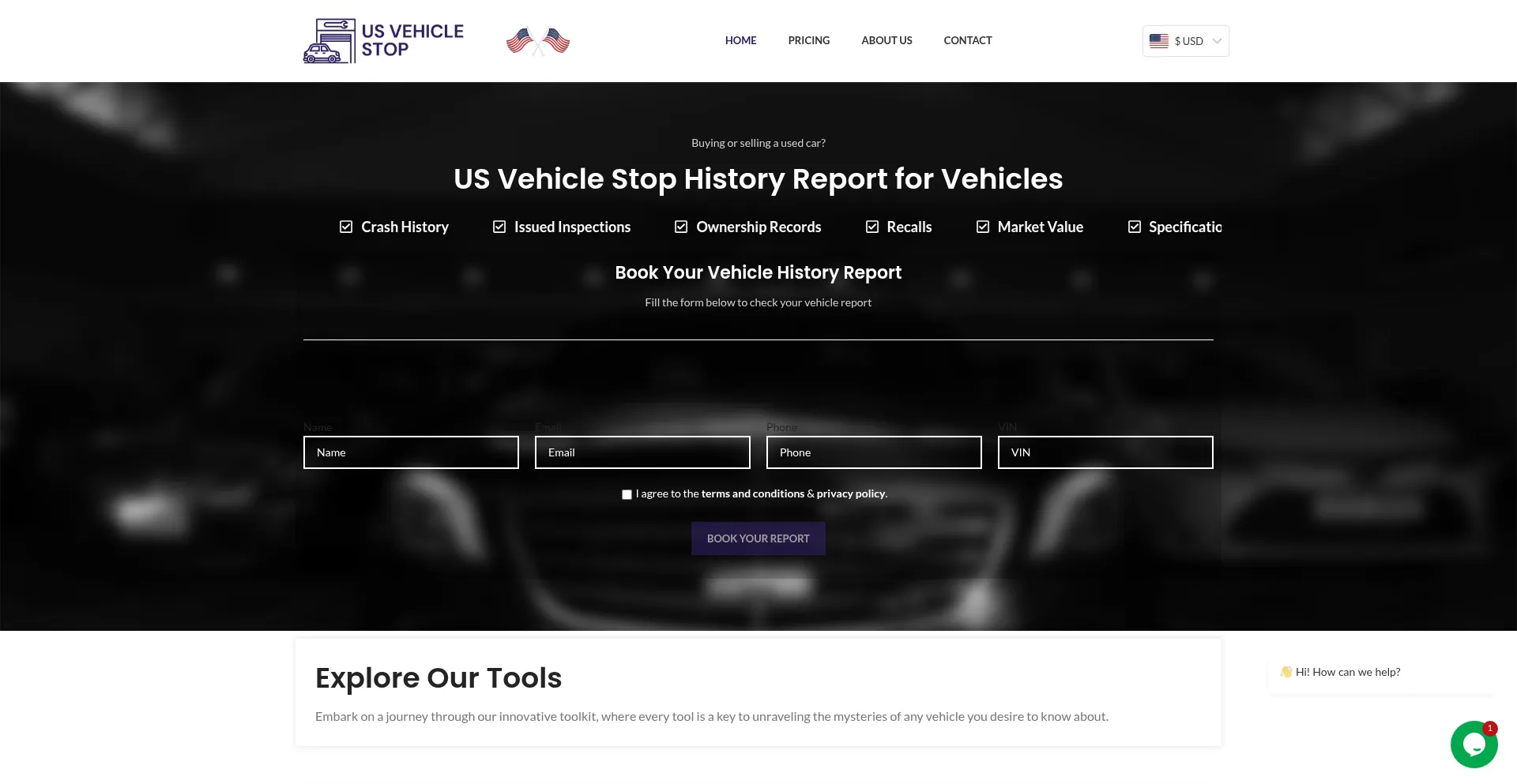 Website screenshot of Usvehiclestop.com