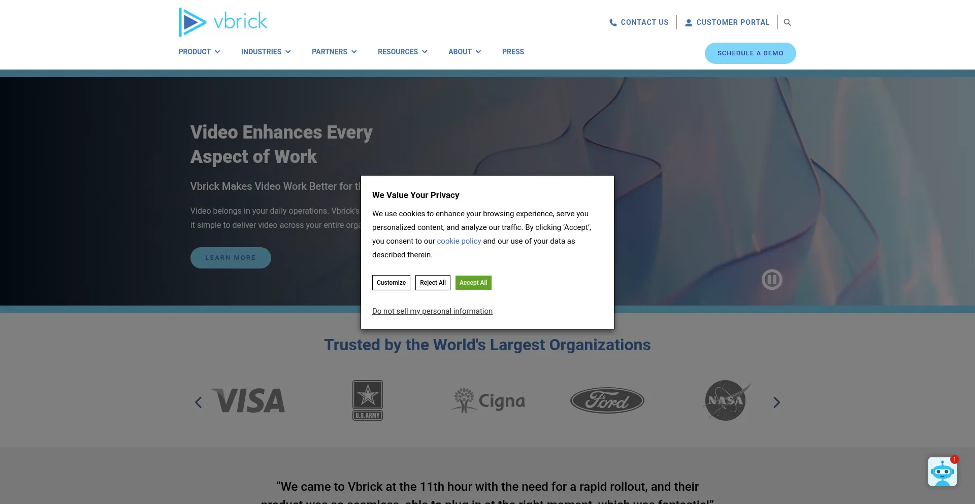 Website screenshot of Vbrick.com
