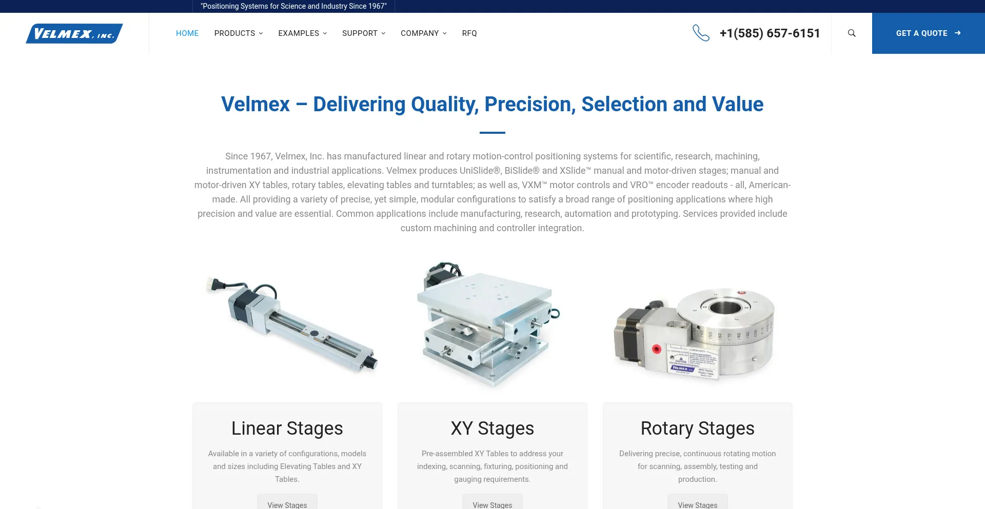 Website screenshot of Velmex.com