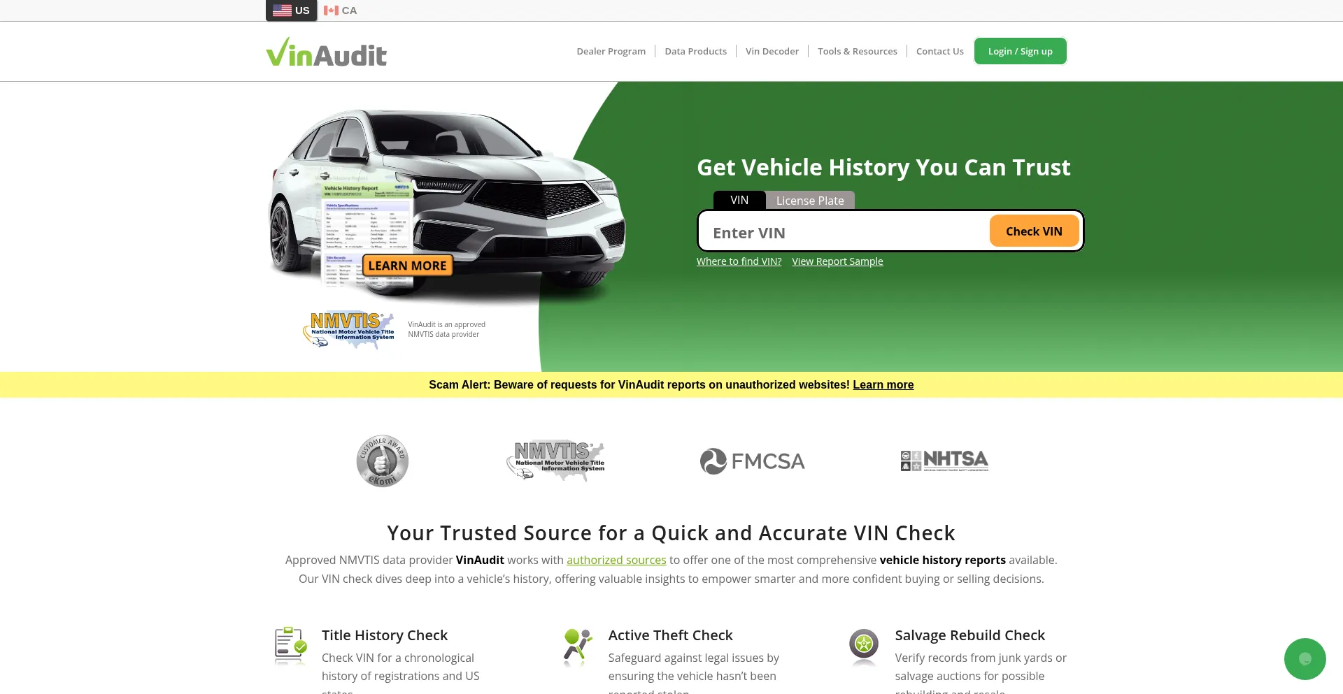 Website screenshot of Vinaudit.com