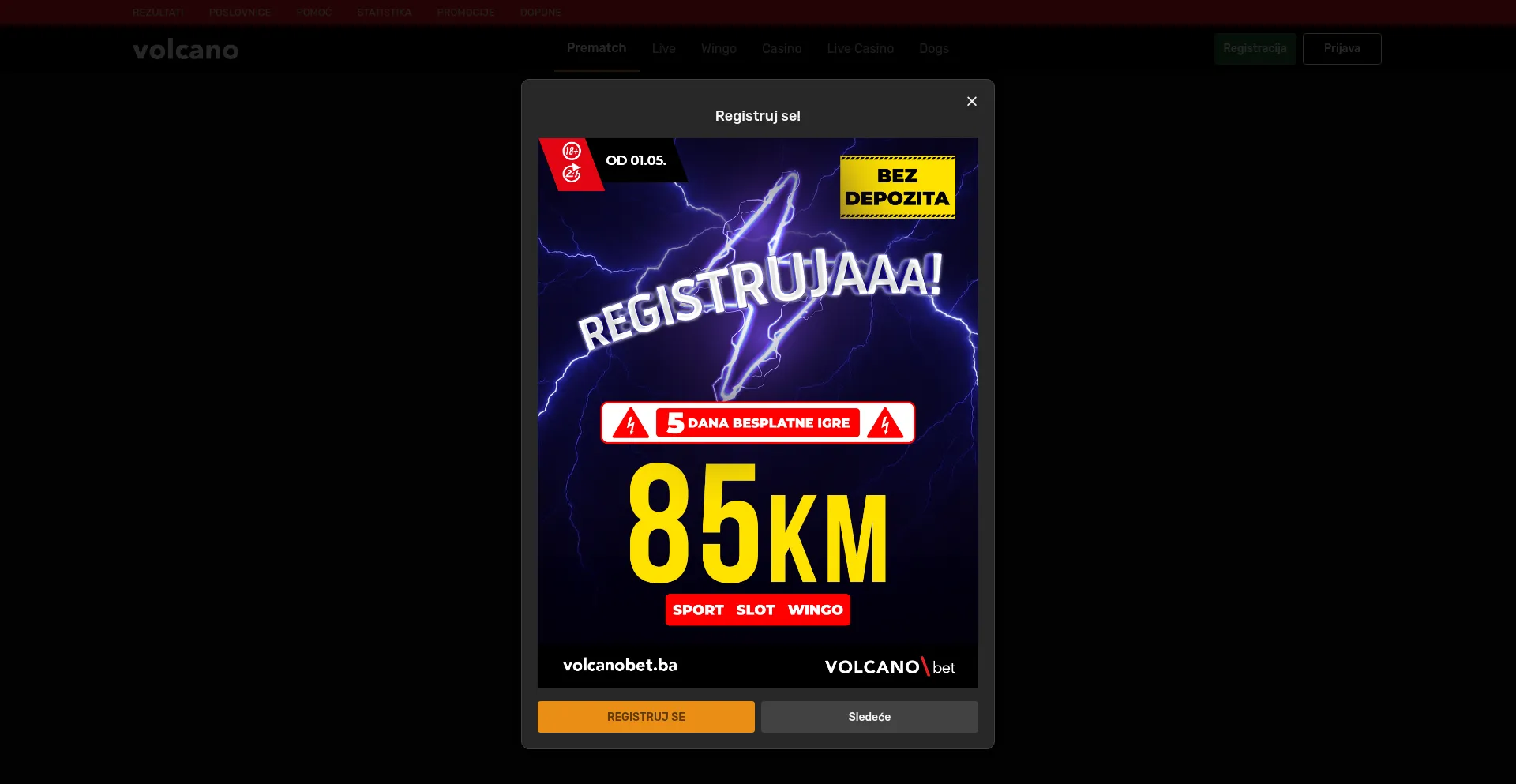 Website screenshot of Volcanobet.ba