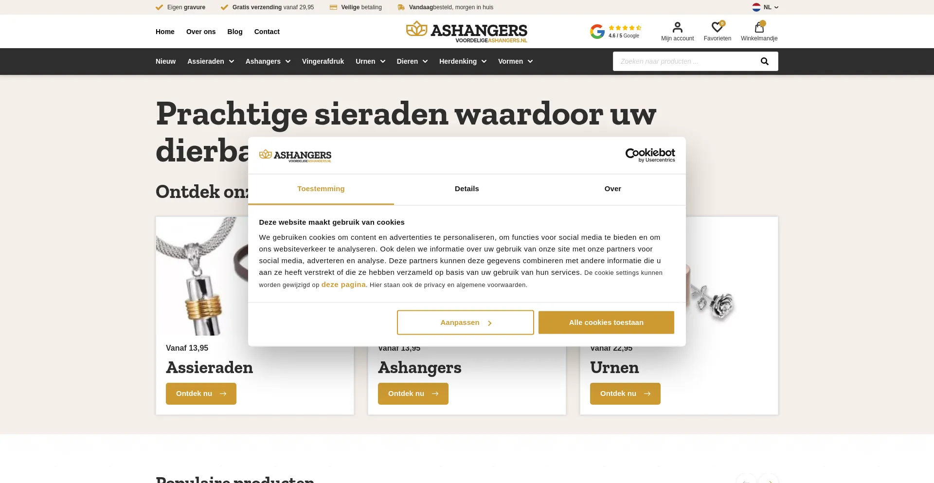 Website screenshot of Voordeligeashangers.nl