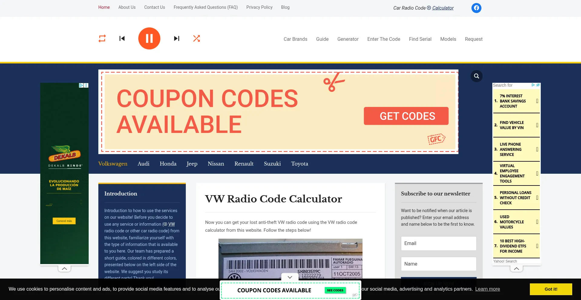 Website screenshot of Vwradiocode.com