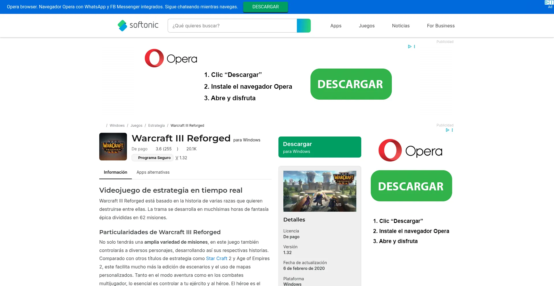 Website screenshot of Warcraft-3-reforged.softonic.com