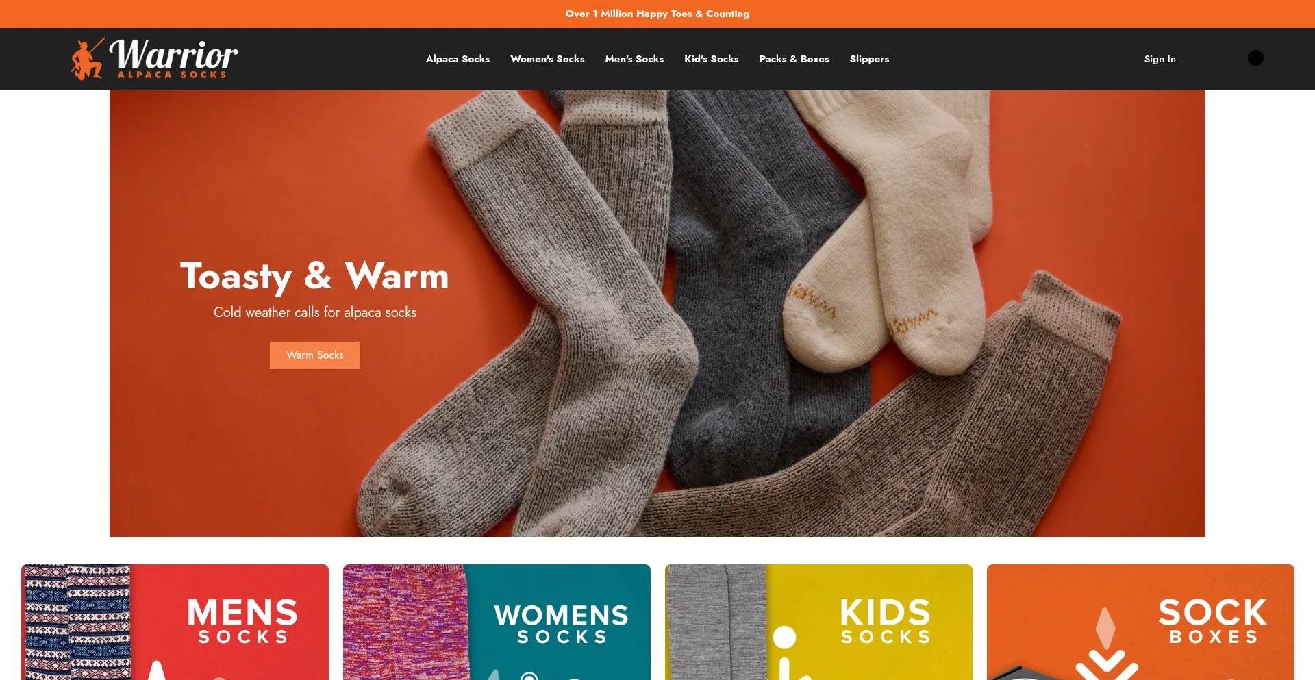 Website screenshot of Warrioralpacasocks.com