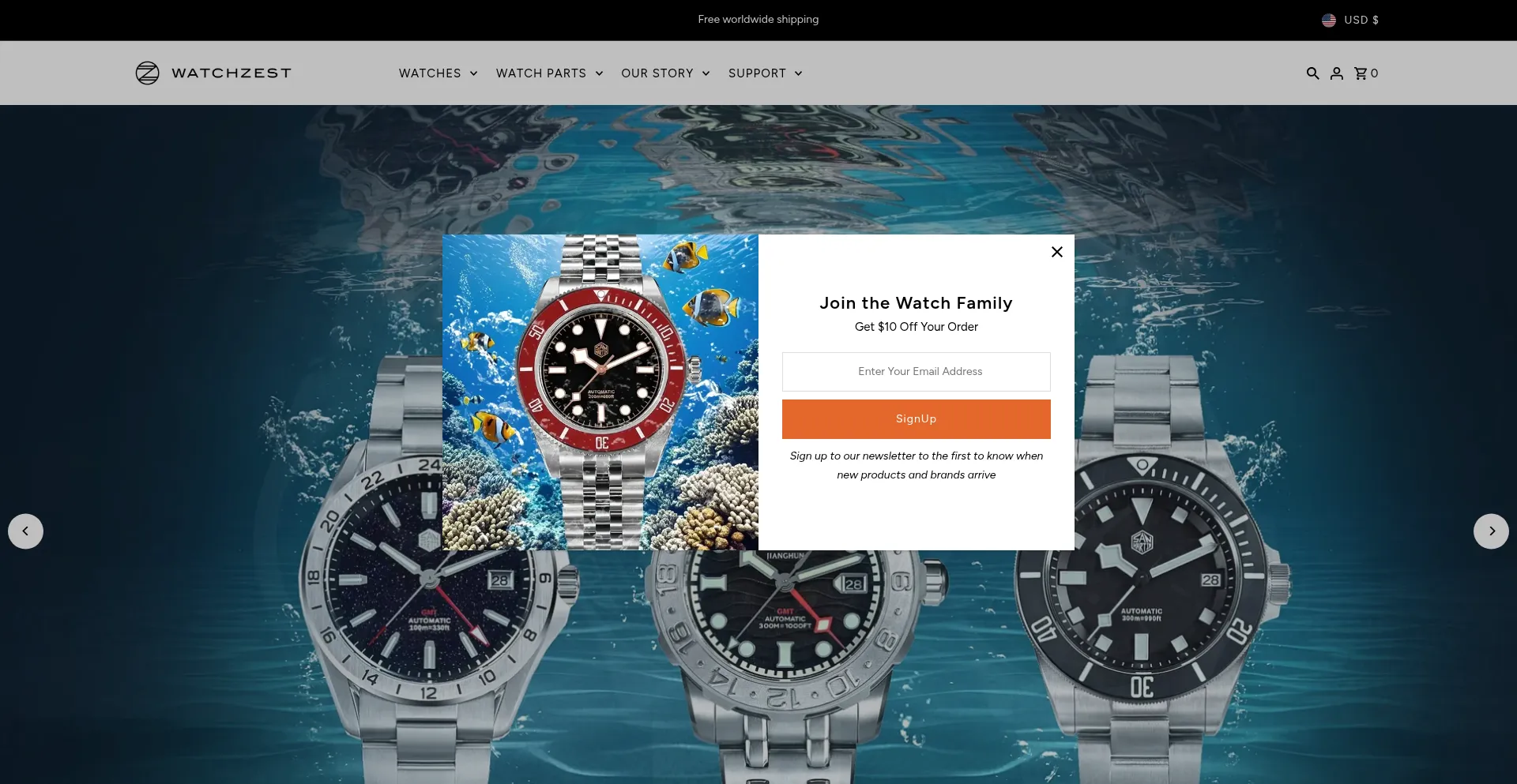 Website screenshot of Watchzest.com
