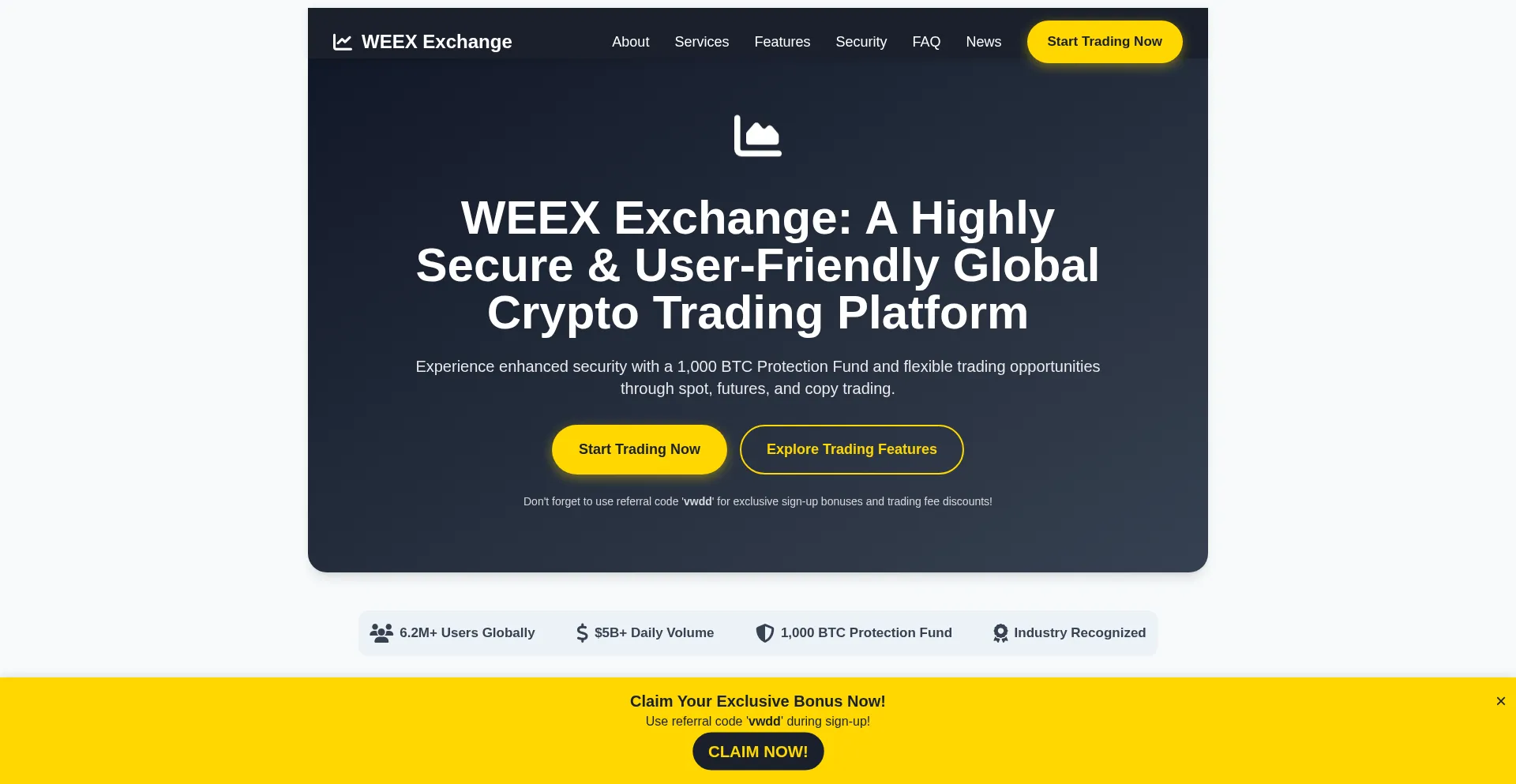 Website screenshot of Weex.exchange