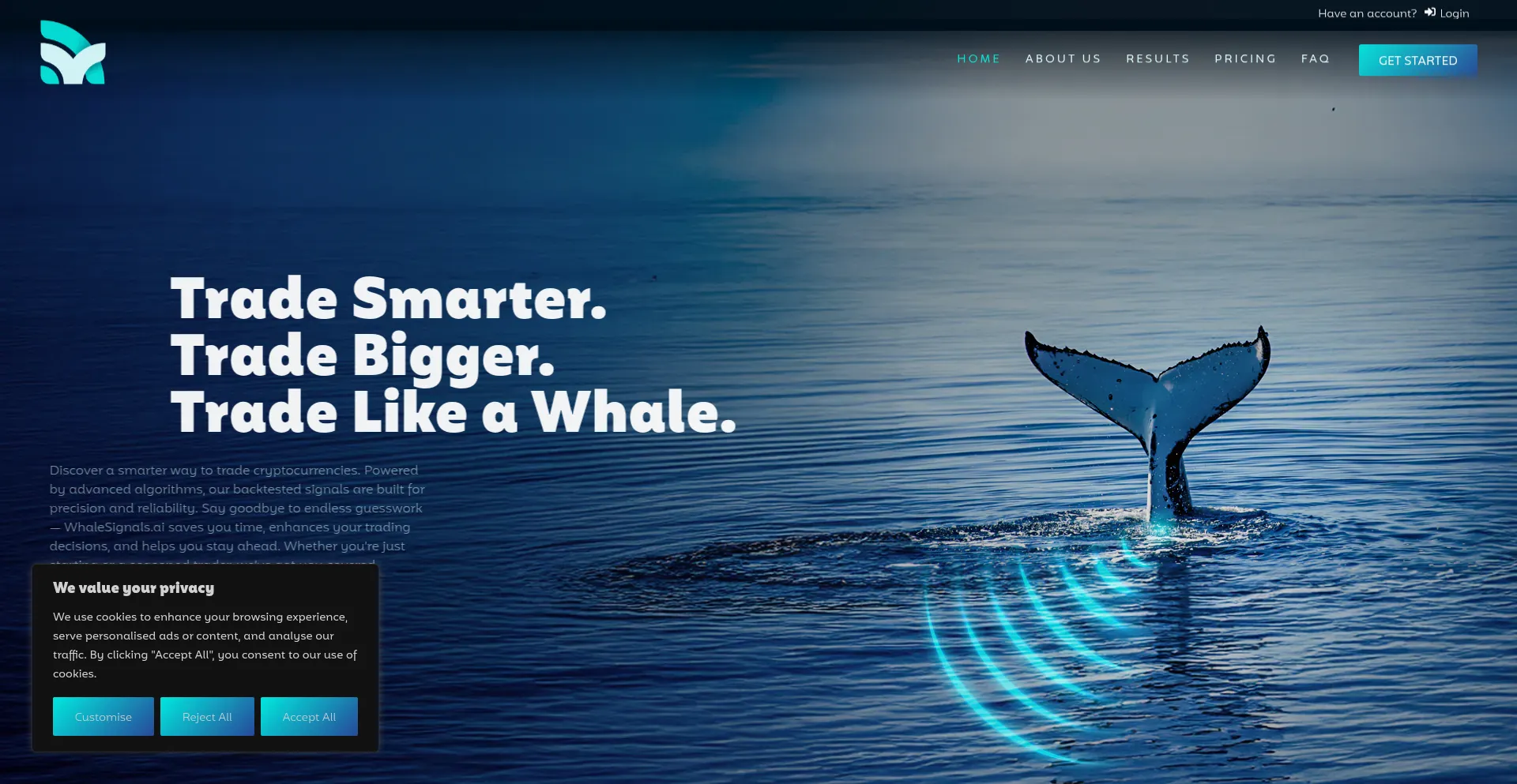 Website screenshot of Whalesignals.ai