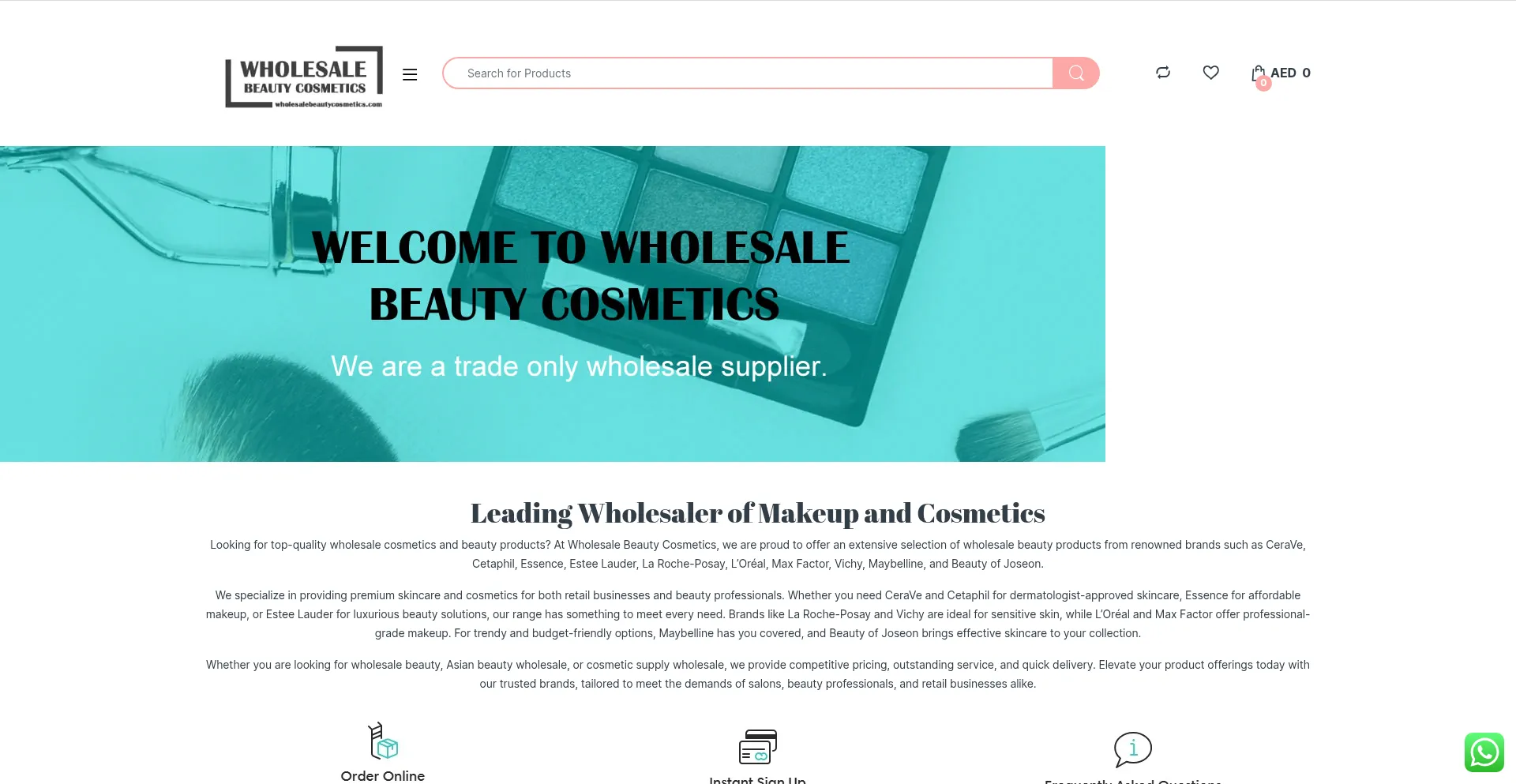 Website screenshot of Wholesalebeautycosmetics.com