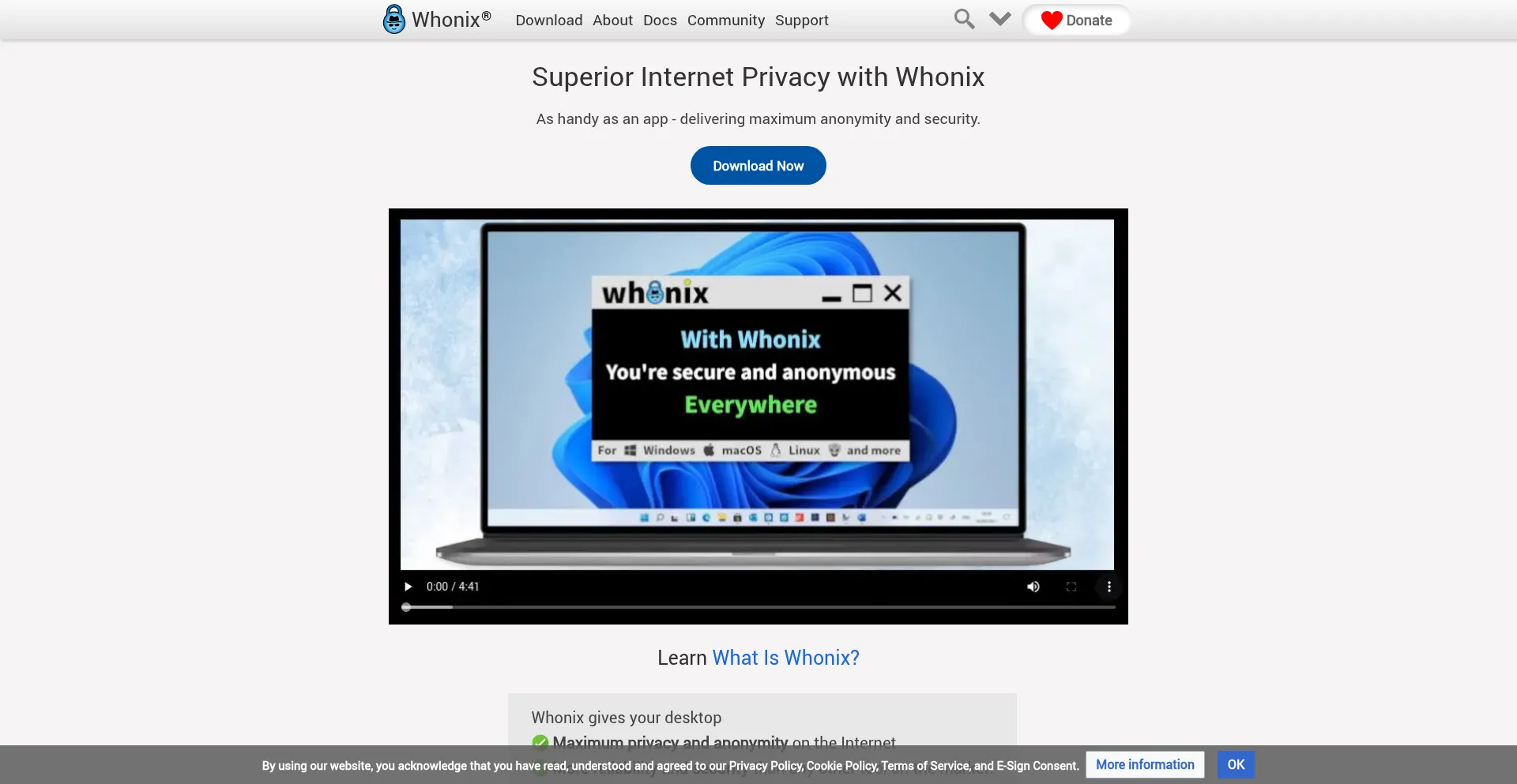 Website screenshot of Whonix.org