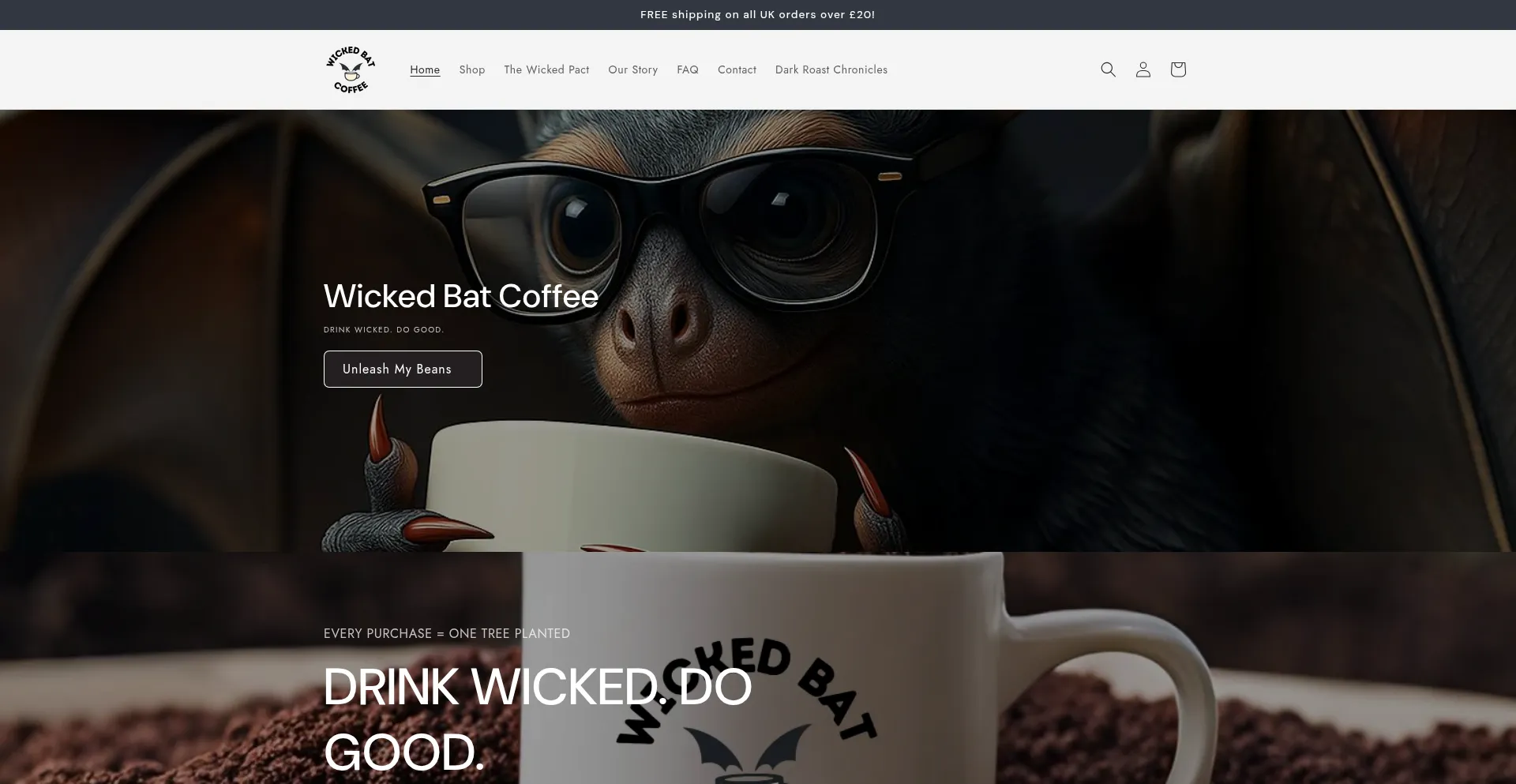 Website screenshot of Wickedbatcoffee.co.uk