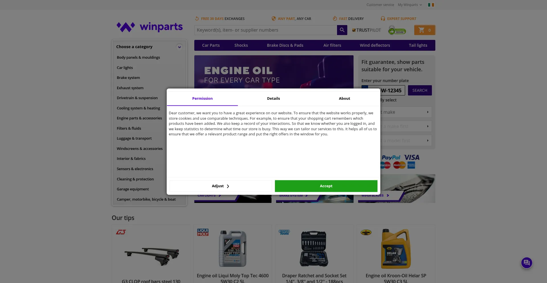 Website screenshot of Winparts.ie