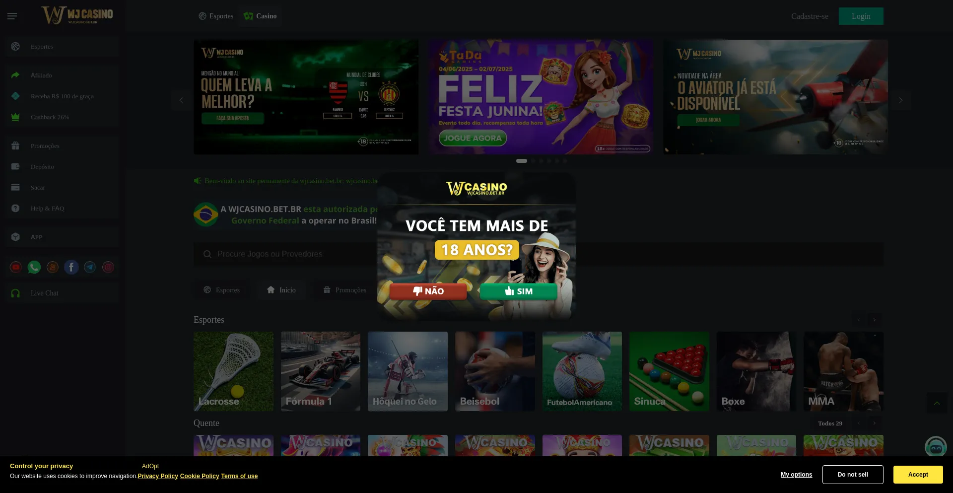 Website screenshot of Wjcasino.bet.br