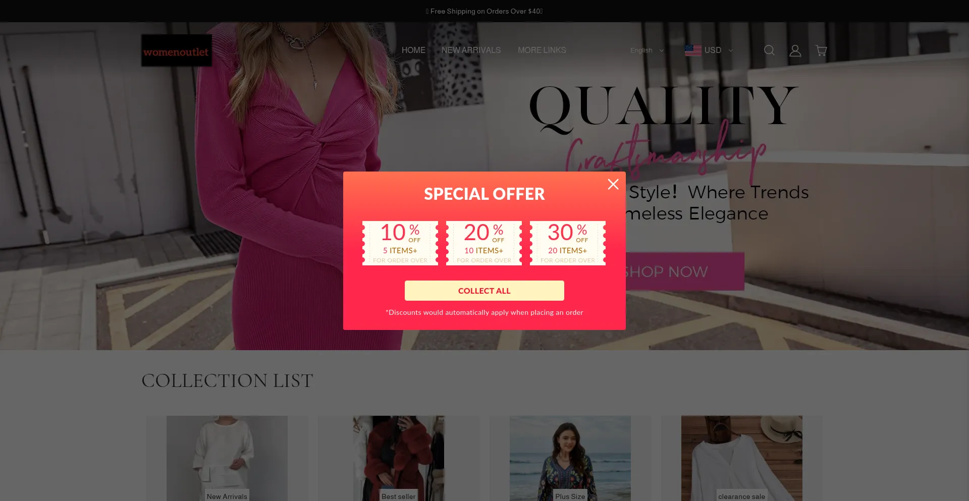 Website screenshot of Womenoutletmall.shop