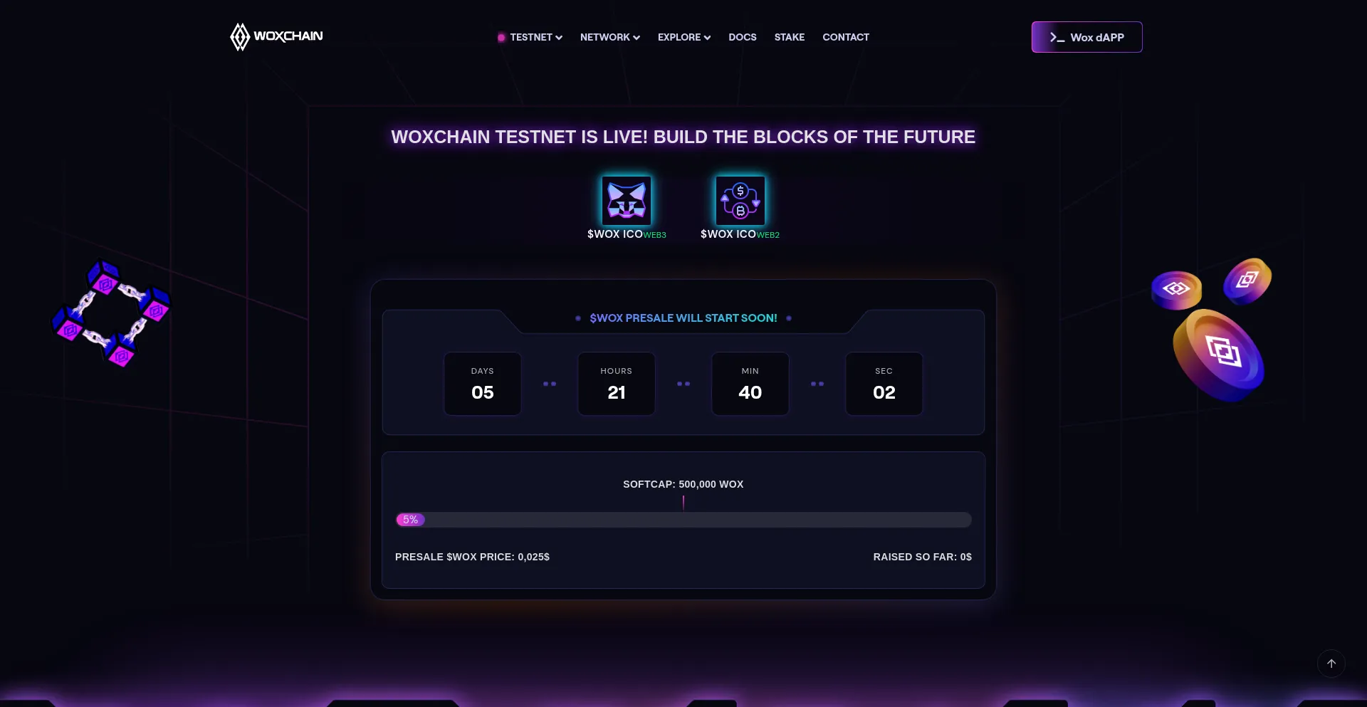 Website screenshot of Woxchain.com