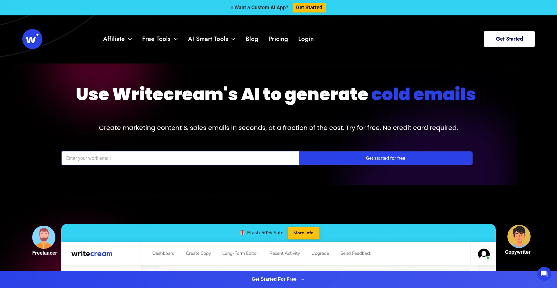 Website screenshot of Writecream.com