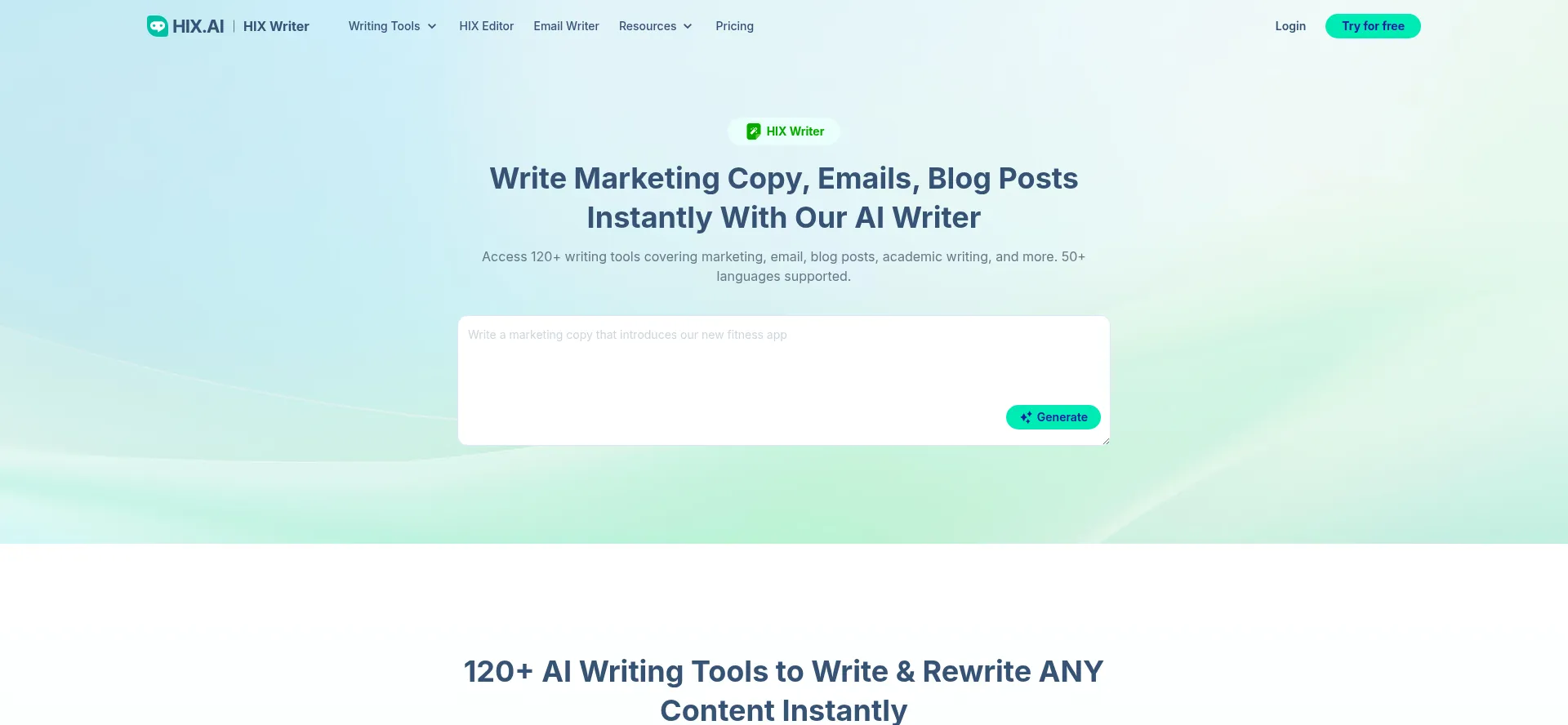 Website screenshot of Writer.hix.ai