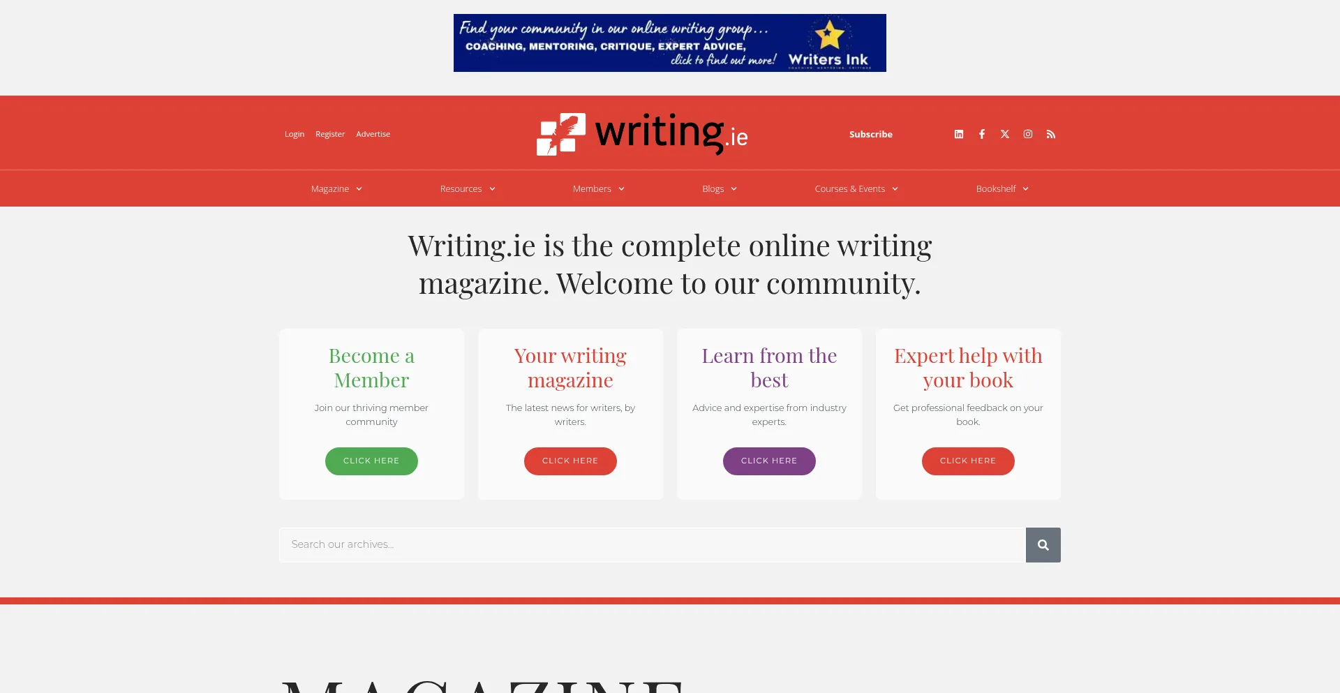 Website screenshot of Writing.ie