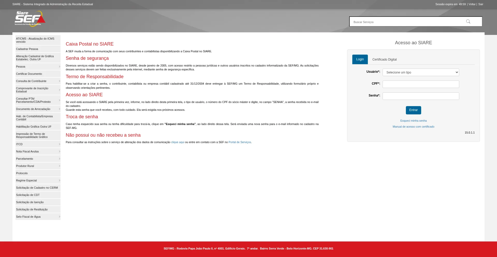 Website screenshot of Www2.fazenda.mg.gov.br