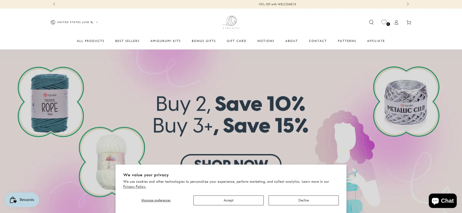 Website screenshot of Yarnalot.com